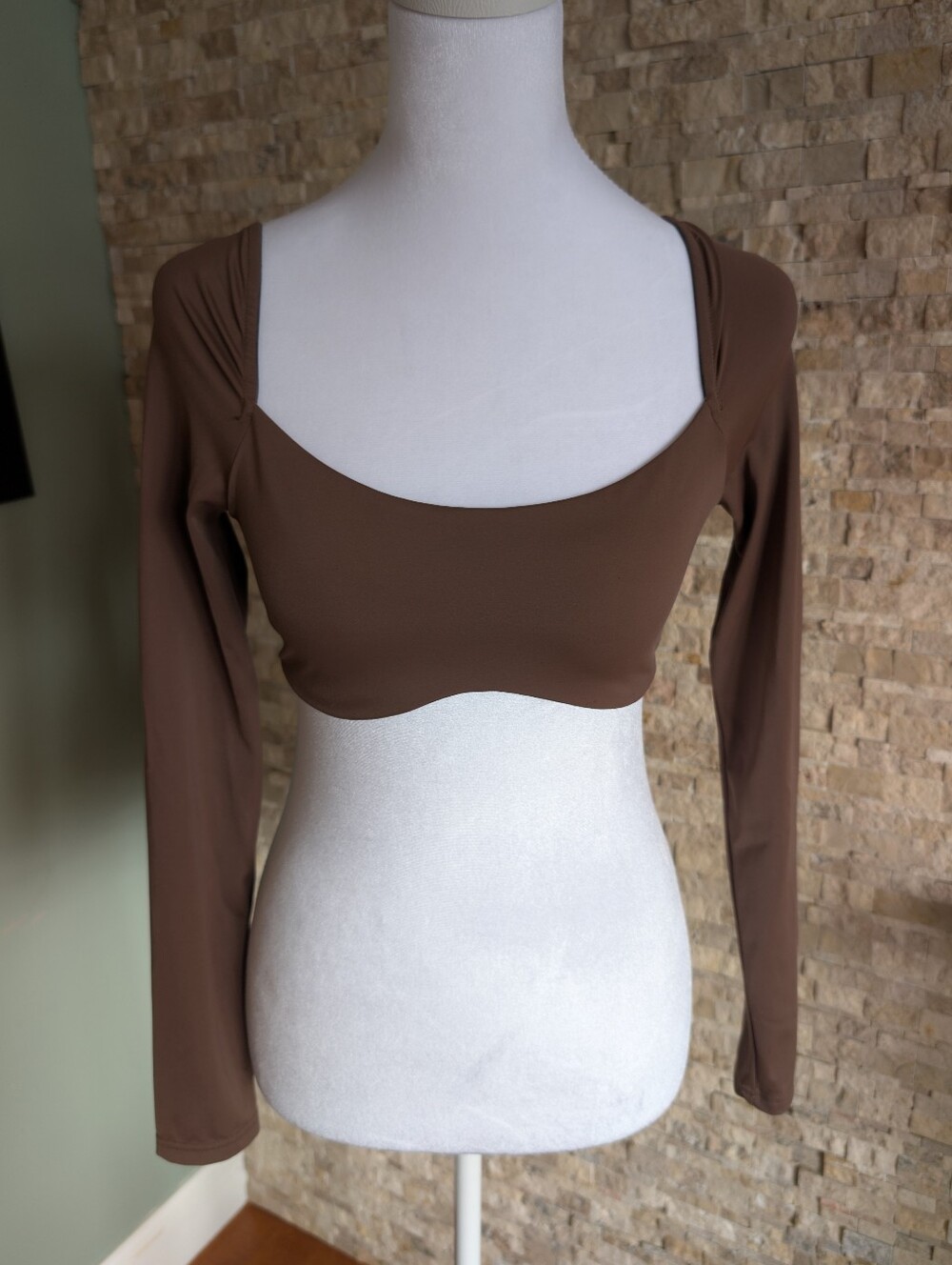 Chocolate Brown Club Core Long Sleeve Cropped Bustier Top Tie Back Sexy Sz S Pet